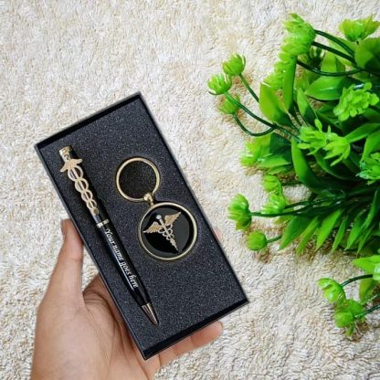 Name engraved Ball Pen with key chain, Name engraved pen with Caduceus symbol clip, Keychain with Custom Name Engraving